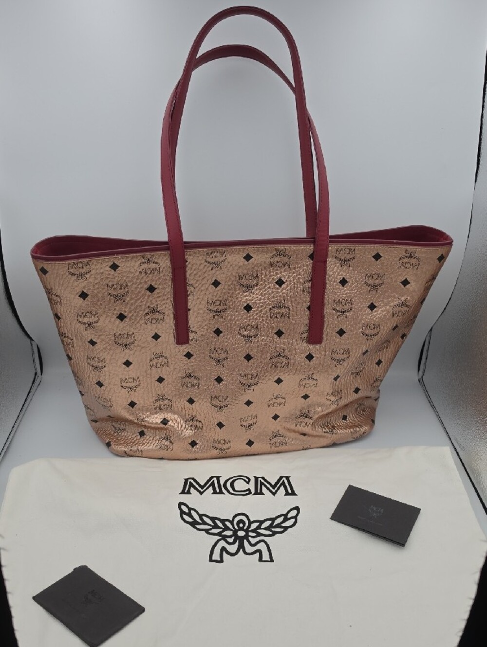 MCM Rose Gold Metallic Vietos Burgundy Stripe Gold Hardware Large Tote (EUC)✨️ - Picture 12 of 15